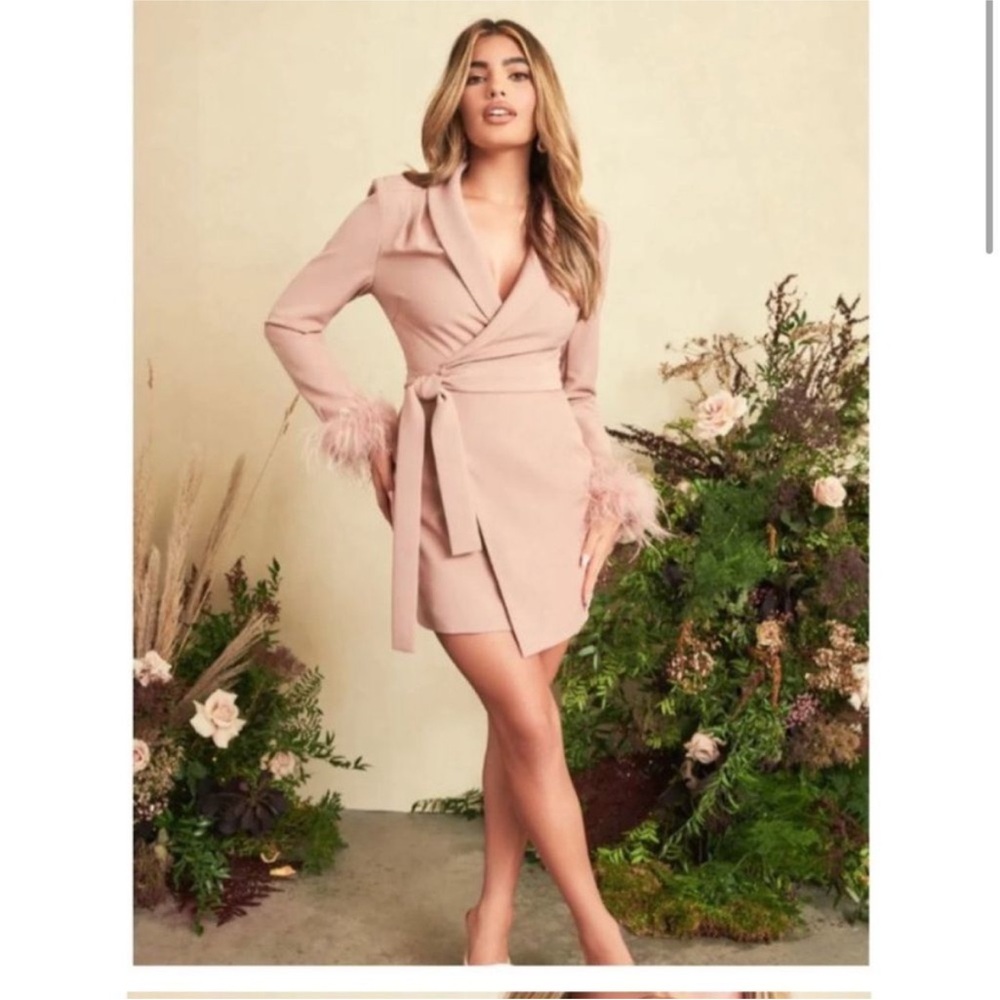 LAVISH ALICE feathered cuff wrap blazer mini dress feather